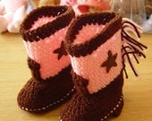 Handmade Crochet Baby Booties Western Cowboy Cowgirl Boots Brown and Pink with Brown Stars