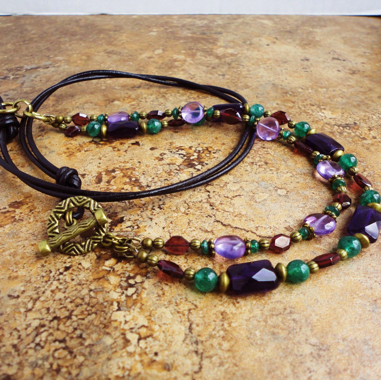 Amethyst Garnet Green Aventurine Black Leather Double Strand Necklace 24in, Handmade Gemstone Jewelry
