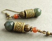 Antique Brass Pewter & Fancy Jasper Earrings, Green Stone Bead Earrings, French Hook, Lead-safe