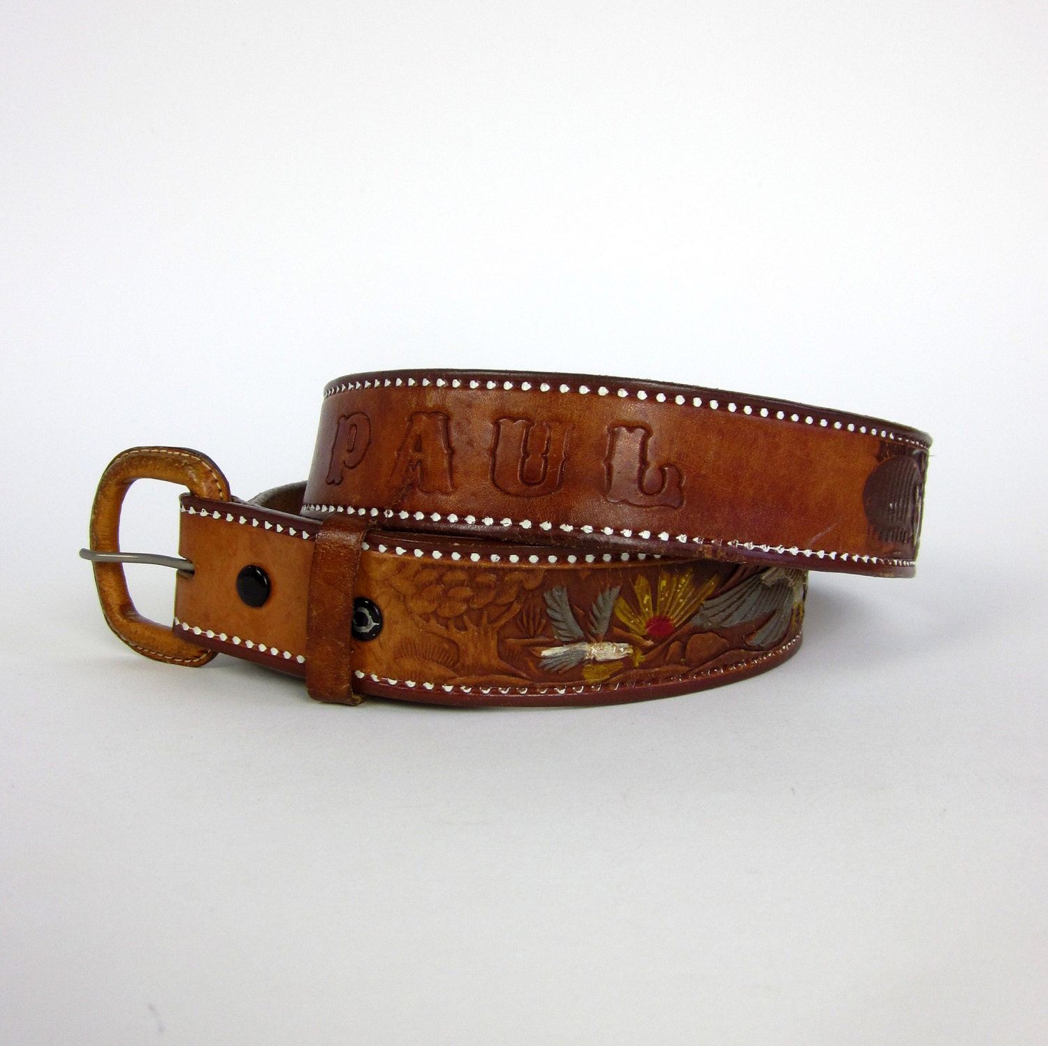 Vintage Mexican Tooled Leather Belt / Personalized Paul / 34-38 waist