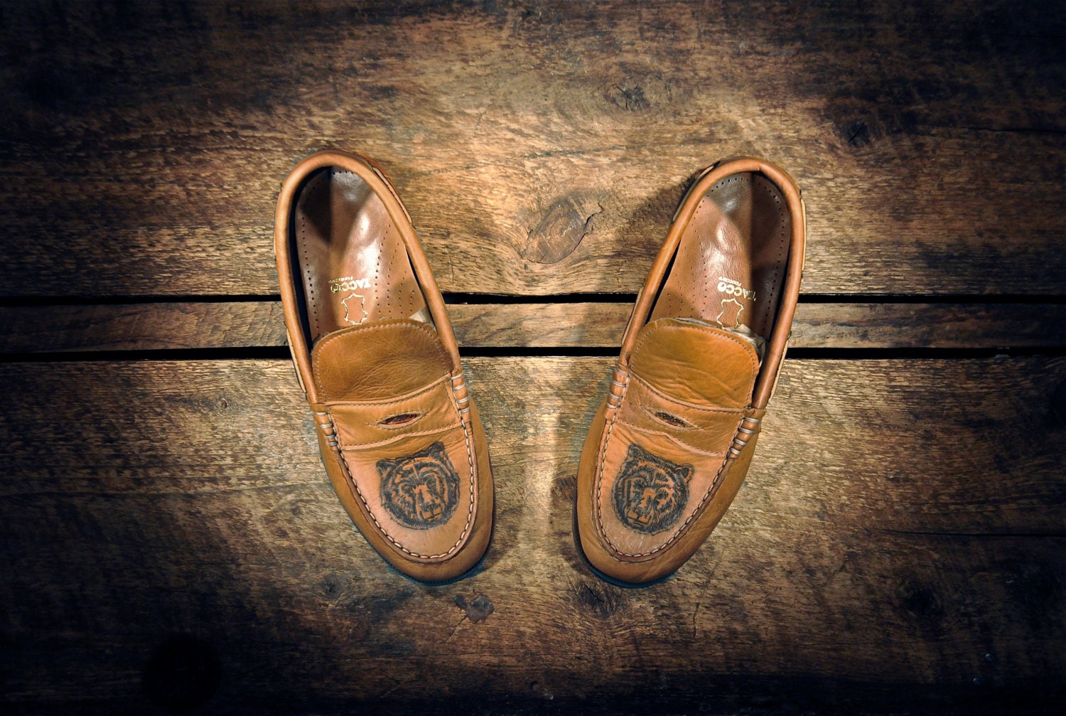 Waxed Tan Cowhide Penny Loafers - Handcrafted - Etched Bear Heads - MADE to ORDER