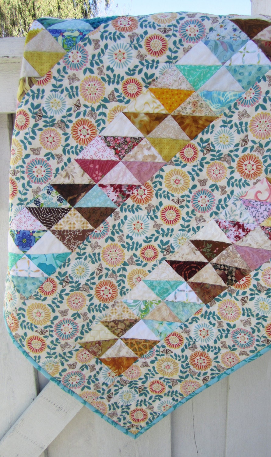 Baby Quilt- Baby Shower Gift- Baby Girl- Butterflies- Flower Quilt- Sunflowers- Teal- Yellow- Pink- Brown