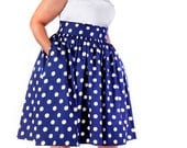 JIBRI Plus Size High Waist Flare Skirt (Navy Polka Dot)