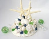Beach Wedding White Starfish Shell Cake Topper w  2 Nautical  White Starfish, Sea Glass & Seashells