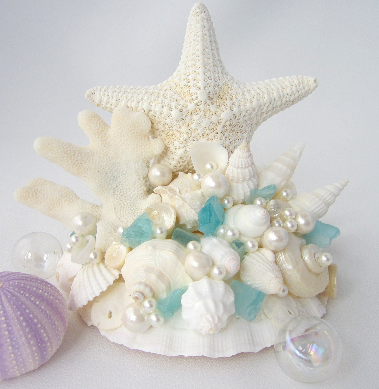 Beach Wedding Starfish Cake Topper - Wedding Cake Topper w Lg. White Starfish, Shells. Optional Pearls & Sea Glass