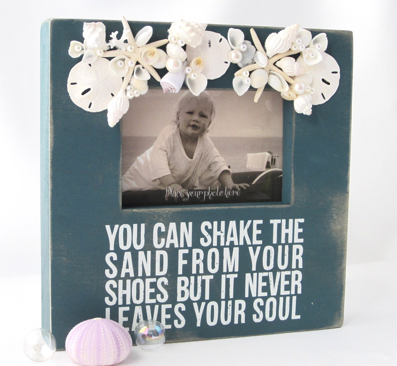 Beach Decor Seashell Box Frame - Nautical Blue Shell Boxy Picture Frame w Starfish & Pearls