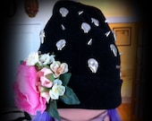 Skulls and Spikes Black Beanie with Flowers on the Side