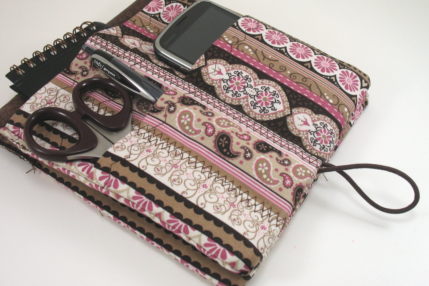 Medical  Lab Coat Pocket  Organizer - Nurse Pocket Case - Pink and Brown Stripes - Ready to ship -Only one of this fabric