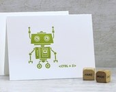 Robot Letterpress Folded Note Card Set - Fathers Day, Geekery - Cute Robot Illustration, Chartreuse Green (Set of 3)