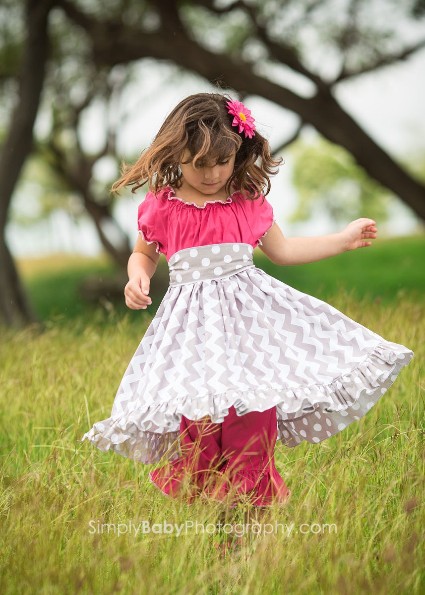 Girls Peasant Dress in Grey and Pink by SunLoveShirts