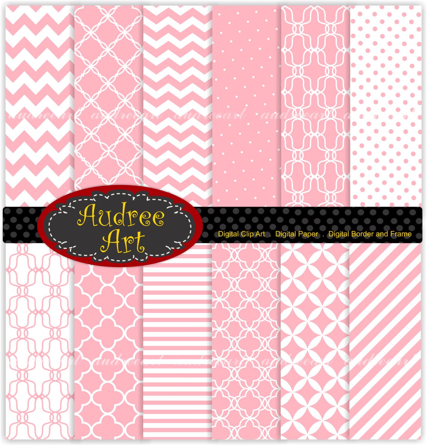 Digital paper for all use, baby pink chevron paper and polkadot , quatrefoil background -No 30 Set of  digital sheets 12 sheet