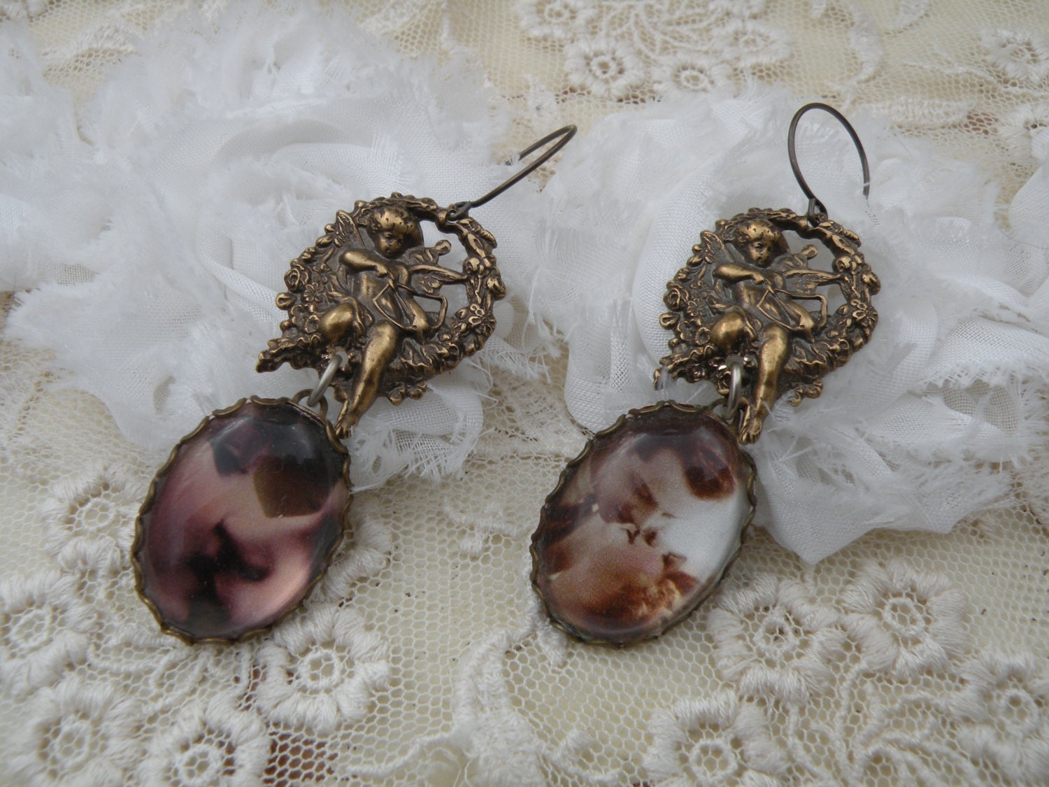PUCKER UP assemblage earrings vintage style kissing couple cherub romance valentines flea chic