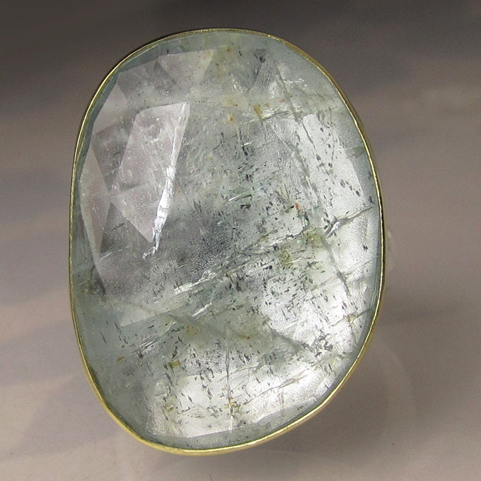 Rose Cut Moss Aquamarine Cocktail Ring - 18k Yellow Gold and Sterling Silver