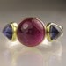 Three Stone Ring - Pink Tourmaline and Iolite - 18k Gold and Sterling Silver Cocktail Ring