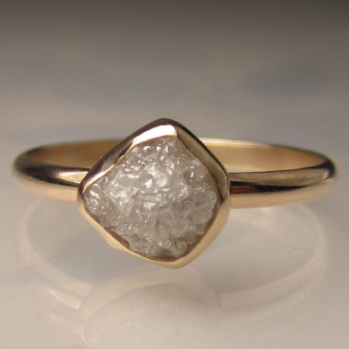Raw White Diamond Engagement Ring - 14k Yellow Gold