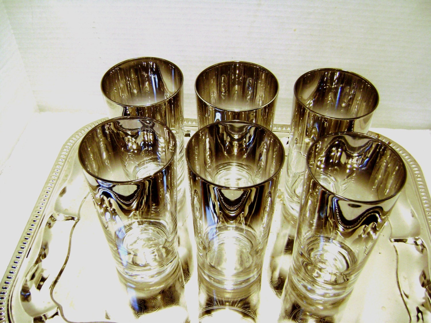 Six Vintage Silver Ombre Tall Boy Cocktail Glasses, Glamorous Mad Men Barware, 1950 60s retro, California Tumbler Highball Cheers