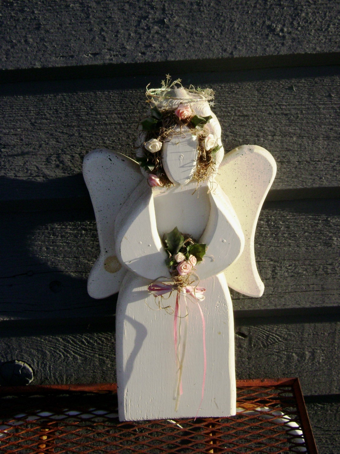 Vintage Angel, Handmade Wooden Cut Out, 3D Laminated Layered w/ Embellishments of Moss, Satin Flowers and Ribbon, County Rose
