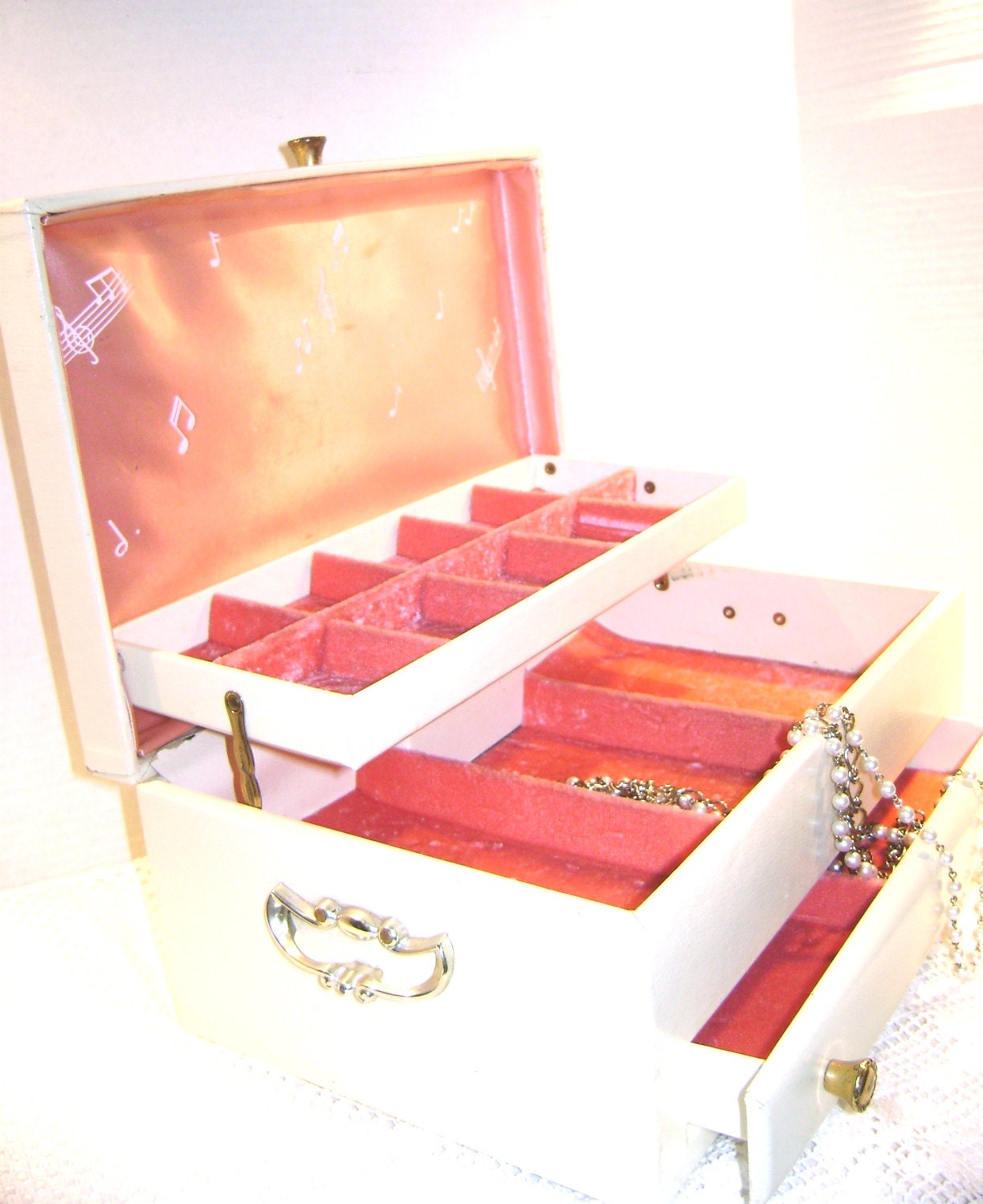 Vintage Jewelry Box w/ Music  Box, Pink Velvet and Satin Lining, Ecru w/ Musical Motif, Large, Drawer, Lady Buxton Brand