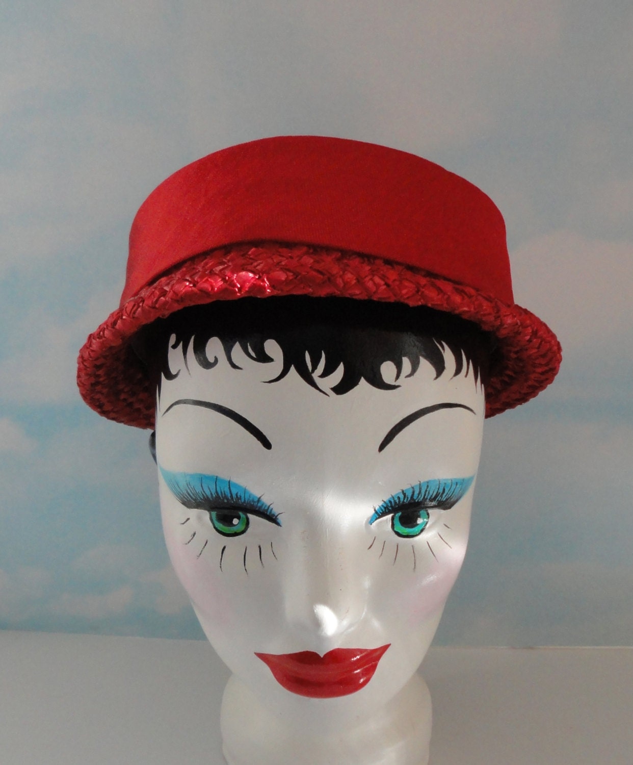 Vintage Red Straw Hat with bow and lucite accent.