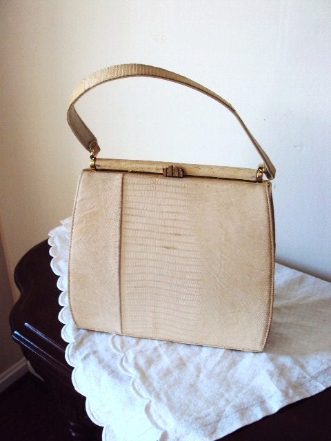 Vintage Lizard Skin Purse Handbag Reptile Bag 1940s Ivory Cream Leather