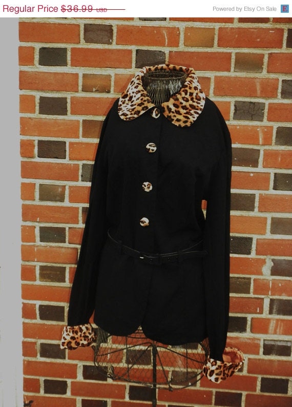 15% SALE for SUMMER Black and Leopard Print Long Sleeve 1950s Style Belted Blouse by Scarlett M/L