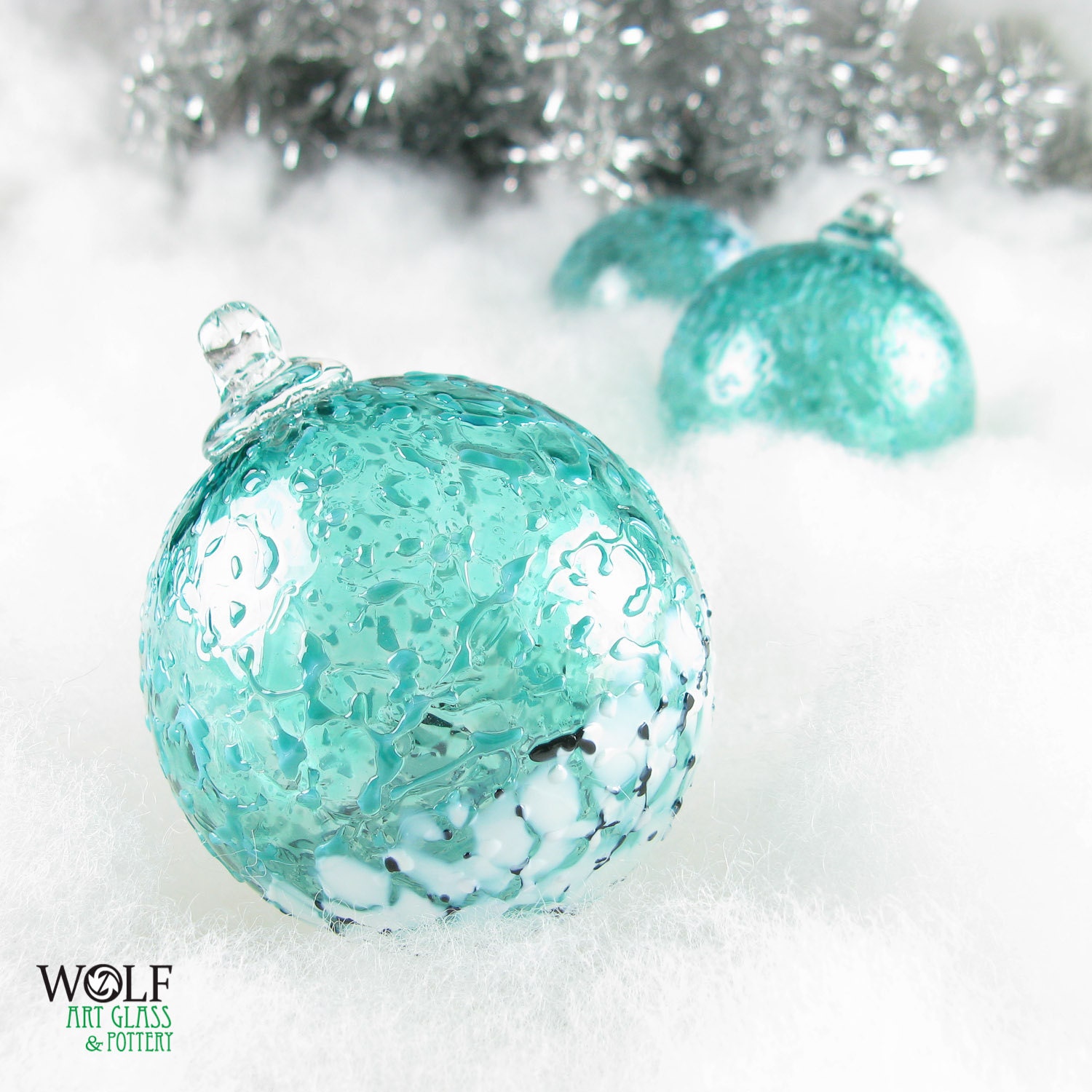Blown Glass Ornament Suncatcher Teal Blue Green Snowball Glass Bulb