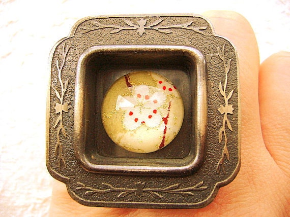 Japanese Chiyogami Ring Vintage Door Pull Chiyogami Paper Statement Ring Plum Blossom