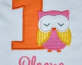 Birthday Girl Outfit - Monogrammed/Personalized First Birthday Owl Appliqued Onesie/Body Suit, Sizes 12mo or 18mo