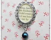 Jane and Mr Rochester Brooch. Bouquet Pin. Jane Eyre Charlotte Bronte Literature Navy Blue Pearl Vintage Repurposed Text Book.