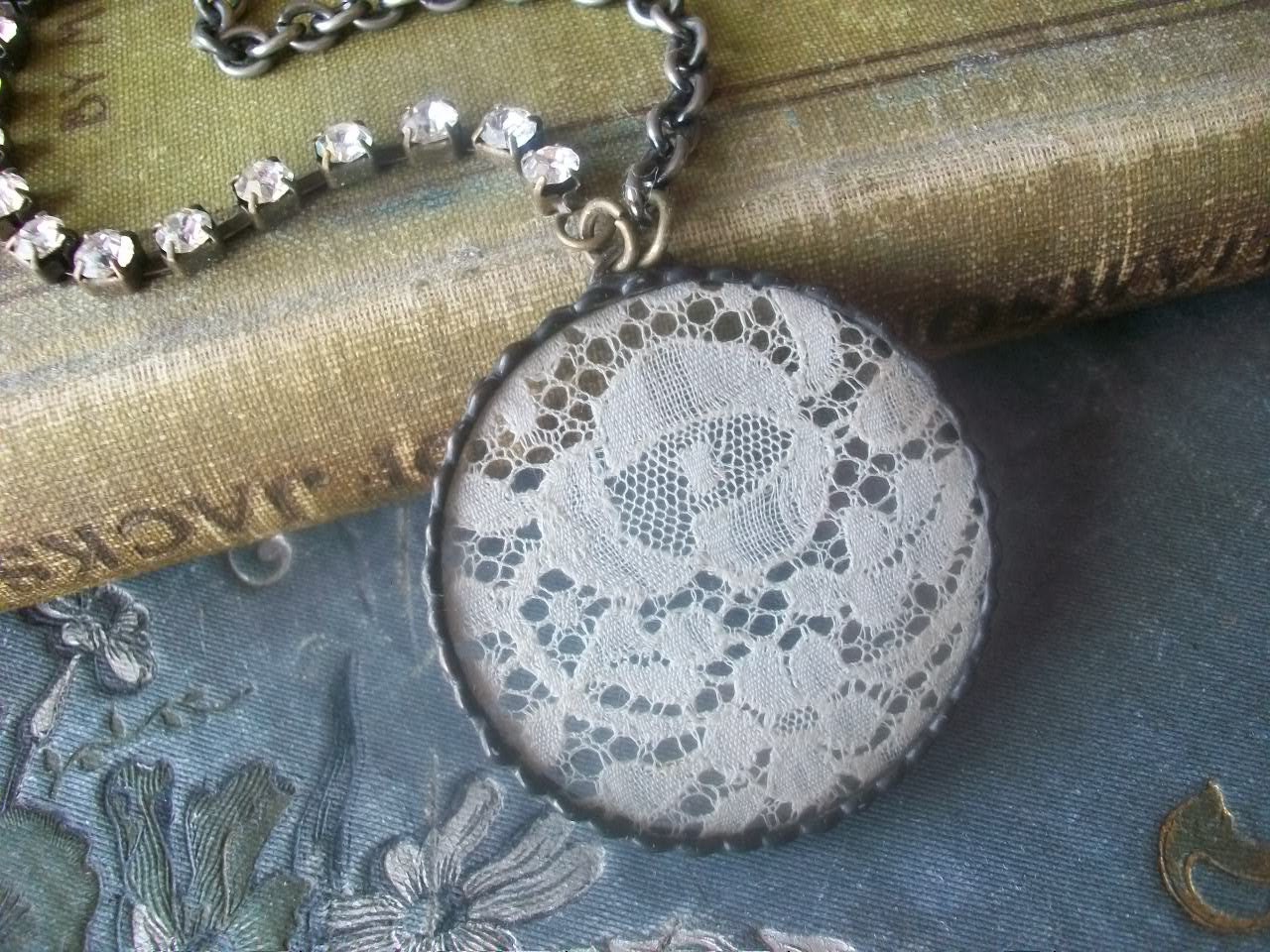 Vintage Victorian Lace Soldered Pendant Rhinestone Necklace, Lace Jewelry, Farmhouse Chic, Rustic Wedding Jewelry, Mother's Day Gift, Gypsy
