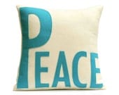 Peace Appliqued Eco-Felt Pillow Cover Peacock and Antique White - 18 inches
