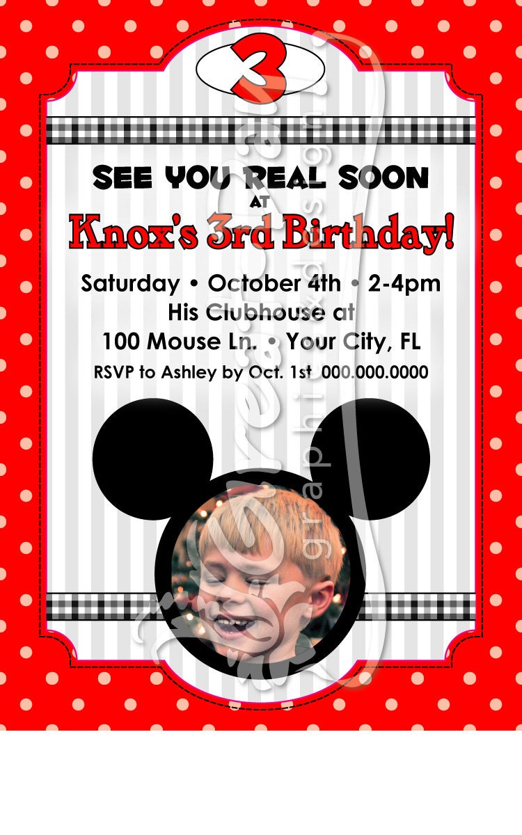Custom Stylized Mickey Mouse Invitation with Photo or Three Letter Monogram