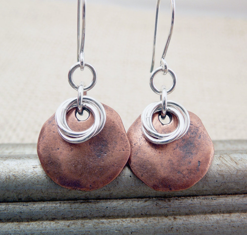 Copper Disc Earrings - Mixed Metal Earrings - Rustic Earrings - Mykonos Earrings