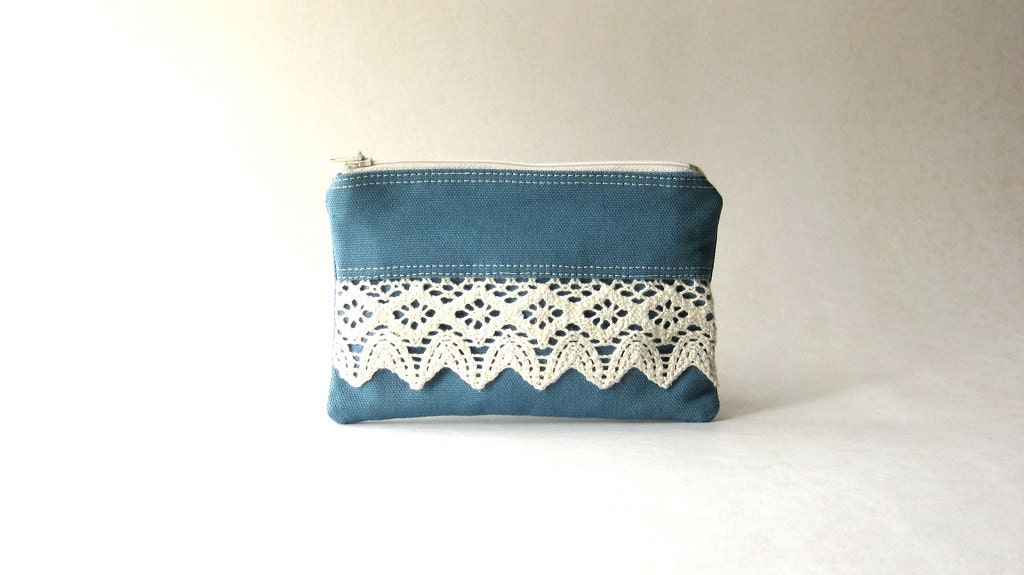 Coin Purse, zipper pouch, bridal pouch, wedding, zipper pouch - The Honey Coin Purse II in blue cotton