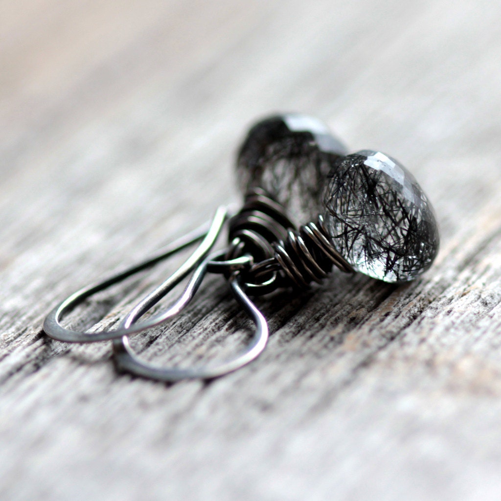 Black Rutilated Quartz Earrings Wire Wrapped in Sterling Silver - Blur - Tourmalinated Quartz Shadow Dark Goth Fashion