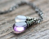 Moss Amethyst and Moonstone February Birthstone Necklace Purple Gemstone on Sterling Silver Chain - Twilight - Summer Fashion Pastel