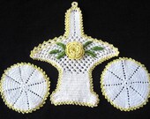 Vintage Pot Holders DOILY LOT Retro Hand CROCHETED Lace Cotton Crochet Yellow Basket Set 3