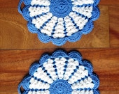 Vintage Pot Holders DOILY LOT Retro Hand CROCHETED Lace Cotton Crochet Finer Blue Pair