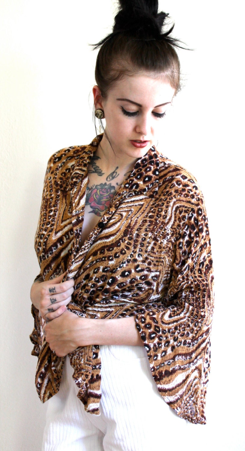 1990s Vintage Grunge Disco Leopard Print Blouse Size Large