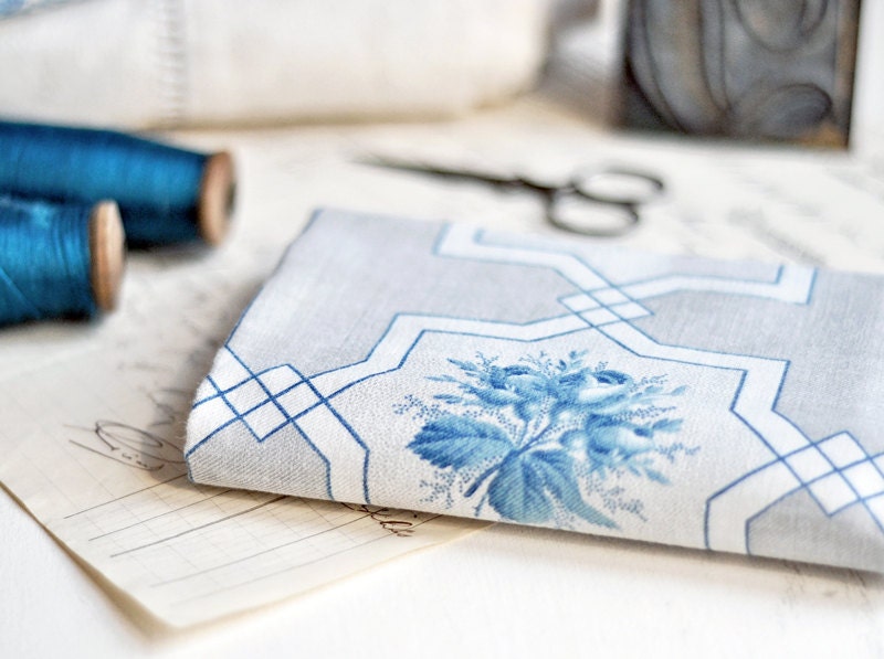antique french floral fabric - blue rosebuds