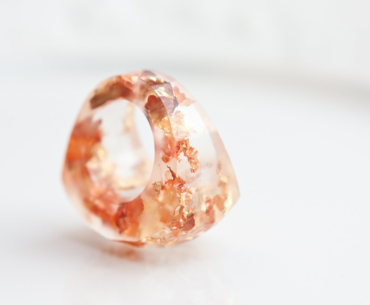 Resin Ring Yellow Pink Gold Flakes Multifaceted Cocktail Ring Size 6 OOAK boho peach geometric minimalist jewelry rusteam