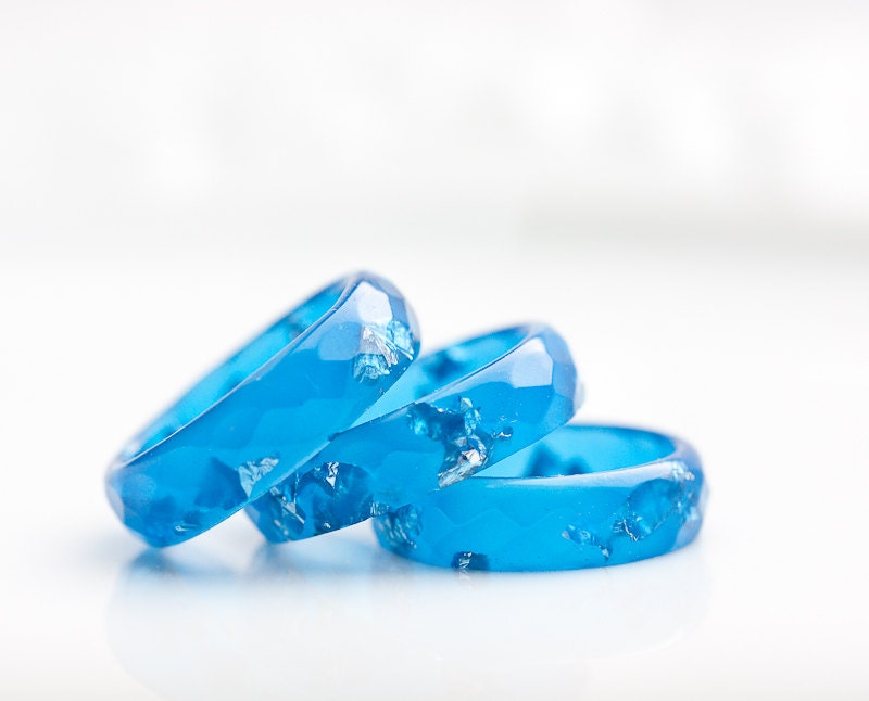 Blue Resin Ring Silver Flakes Icicle Small Faceted Ring OOAK sky blue monaco blue minimalist jewelry rusteam