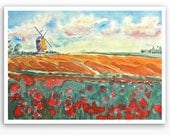 Farm Art Dutch landscape - Watercolor Painting Print - Mothers Day - Windmill, Tulips, Garden, Gardener, Floral - Men Women 14.5 x 10.5