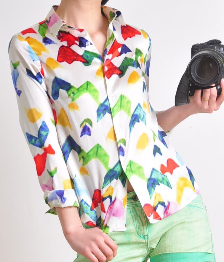 Shiny White Red Blue Green Printed Pure Silk Satin Long Sleeves Shirt