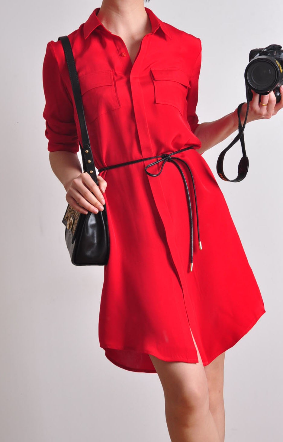 Red Pure Silk Pockets Long Sleeves Shirt Dress