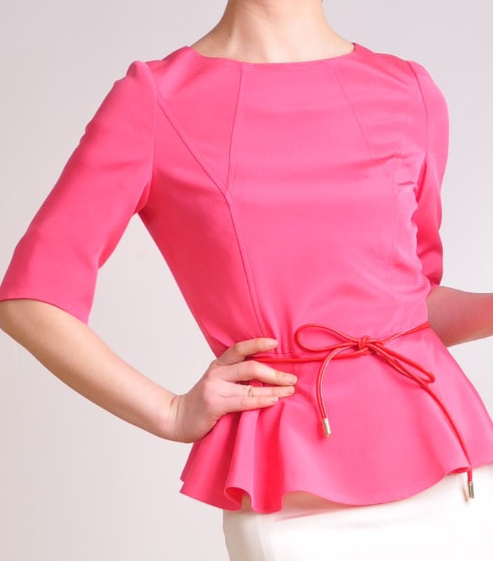 Magenta Pink Silk Peplum Flared Hem Suit Top 1/2 Sleeves Victotrian Lady