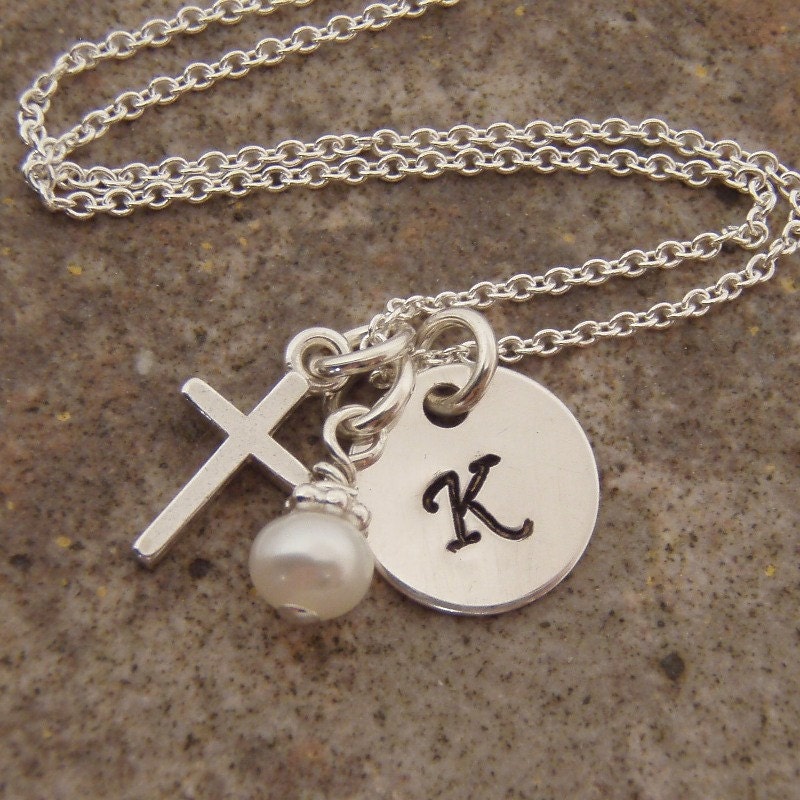 Dainty initial and cross charm necklace - Initial with pearl or birthstone crystal dangle- STERLING SILVER