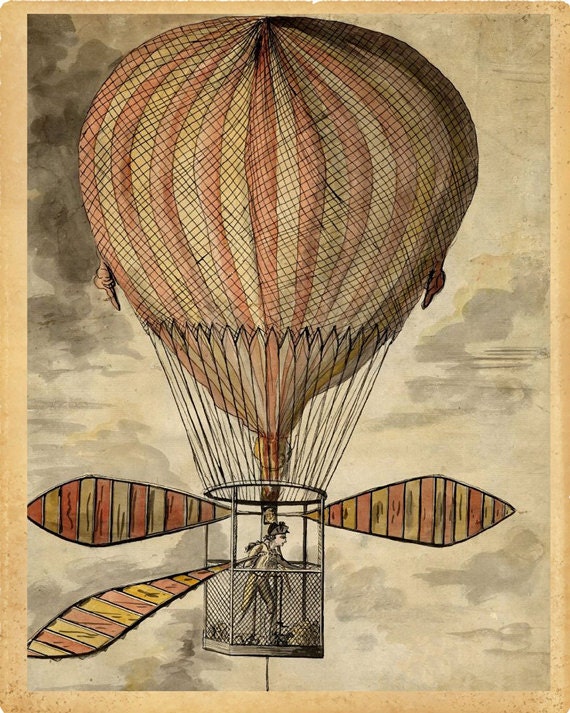 Hot Air Balloon "Strange Invention" Steampunk Victorian Antique Print - Striped Circus Carnival - Red Brown Black Sepia - Whimsical Art