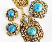 Florenza Aqua Glass, Pearl and Rhinestone Parure