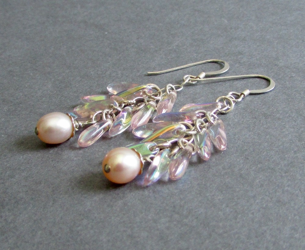Light Pink Glass Earrings / Pink Freshwater Pearl Earrings / Sterling Silver Linear Dangle Earrings - Glimmer